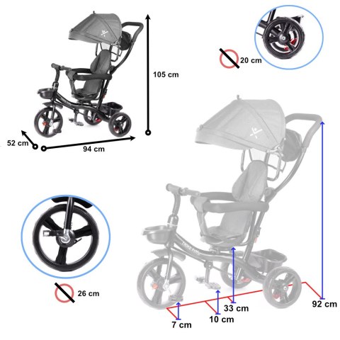 Rowerek trójkołowy Trike Fix Lite 3w1 z daszkiem obracany regulowany spacerówka prowadnik pasy szary Rowerek trójkołowy Trike Fix Lite 3w1 z daszkiem obracany regulowany spacerówka prowadnik pasy szary