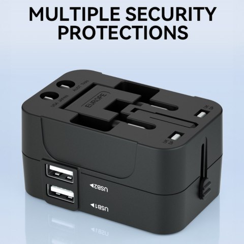 Adapter podróżny ładowarka uniwersalna 24W UE / US / AUS / UK / 2x USB-A - czarny Adapter podróżny ładowarka uniwersalna 24W UE / US / AUS / UK / 2x USB-A - czarny