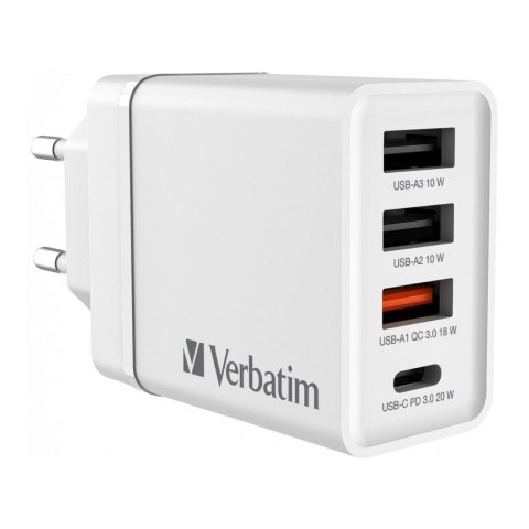 Ładowarka sieciowa Verbatim 1xUSB-C PD 20W 1xUSB-A QC 3.0 2xUSB-A 10W UE biała Ładowarka sieciowa Verbatim 1xUSB-C PD 20W 1xUSB-A QC 3.0 2xUSB-A 10W UE biała