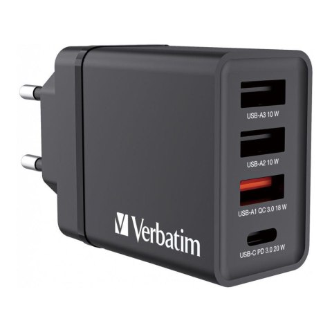 Ładowarka sieciowa Verbatim 1xUSB-C PD 20W 1xUSB-A QC 3.0 2xUSB-A 10W UE czarna Ładowarka sieciowa Verbatim 1xUSB-C PD 20W 1xUSB-A QC 3.0 2xUSB-A 10W UE czarna