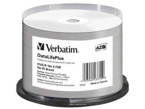 Płyty DVD-R Verbatim 4.7GB X16 AZO DL+ printable thermal białe NO ID (50 Cake) Płyty DVD-R Verbatim 4.7GB X16 AZO DL+ printable thermal białe NO ID (50 Cake)