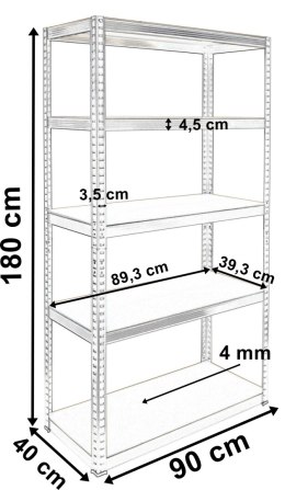 Regał magazynowy 5 poziomów 180x90x40 nośność 875 kg
