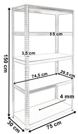 Regał magazynowy 5 poziomów 150x75x30 nośność 625 kg