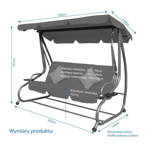 HUŚTAWKA OGRODOWO BALKONOWA KASIA 3 OSOBOWA SZARA