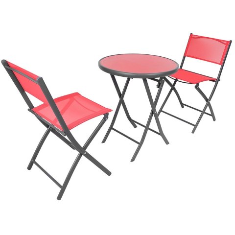 ZESTAW MEBLI BALKONOWYCH STOLIK OKRĄGŁY I 2 SKŁADANE KRZESŁA CZERWONY
