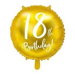Balon foliowy, okrągły '18th Birthday' - Na 18 urodziny, złoty, 45 cm