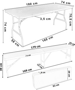 Zestaw cateringowy RATTAN BRĄZ stół 180 cm+ 2 ławki