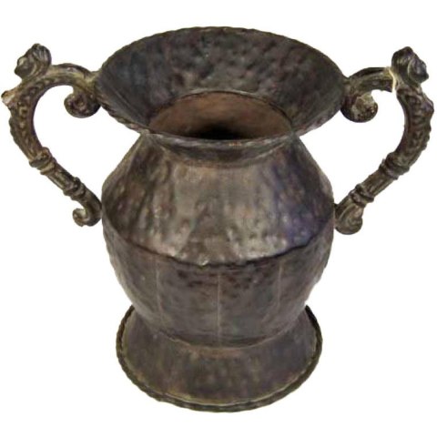 Amfora z metaloplastyki w kolorze brązowym z uszami oraz kutym wzorem