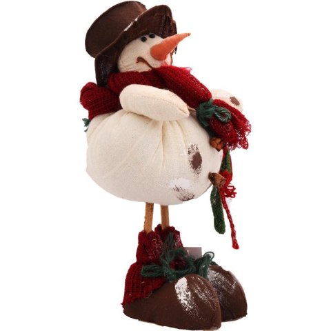 Bałwan stojący wykonany z naturalnych materiałów w kolorze biało czerwonym35 cm