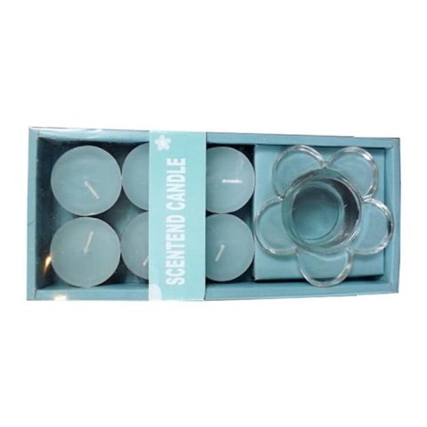 Błękitny Zestaw Tealight: 6 Świec i Szklany Świecznik w Kształcie Kwiatka