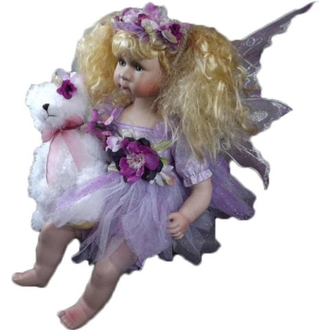 Ceramiczna Lalka Elf z Misiem w Kolorze Wrzosowym o Wysokości 40 cm