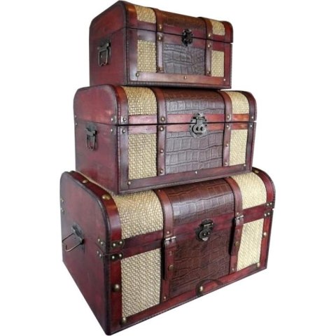 Drewniany Kufer z Imitacją Skóry w Kolorze Brązowo-Kremowym - Średni Rozmiar