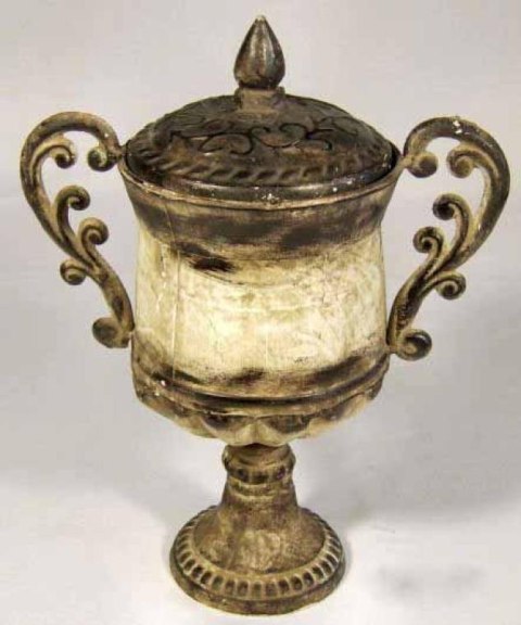 Efektowna Urna Dekoracyjna z Metaloplastyki w Kolorze Kremowo-Brązowym 32x28 cm z Uszami i Pokrywką