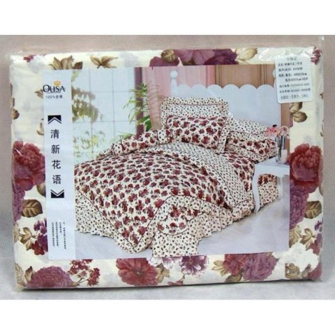 Elegancki Komplet Pościeli Satynowej z Bawełny, Biały z Czerwonymi Kwiatami