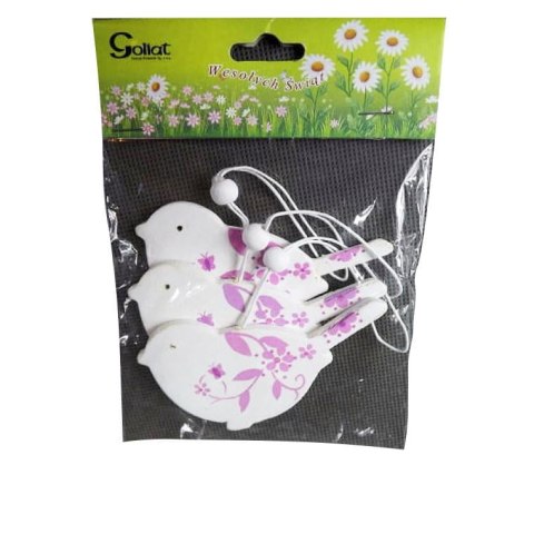 Komplet 3 Drewnianych Ptaków-Zawieszek z Wrzosową Dekoracją Wielkość 5.5x10cm Kolor Fioletowy