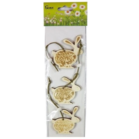 Komplet Trzech Drewnianych Zawieszek w Kształcie Zajączków Koloru Brązowego