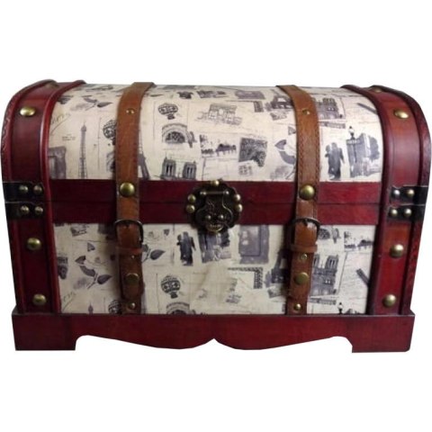 Mały Wiśniowy Kufer z Kremową Wstawką o Motywach Podróżniczych