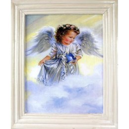 Obraz Anielska dziewczynka w chmurach w postarzanej białej ramie 38x32cm