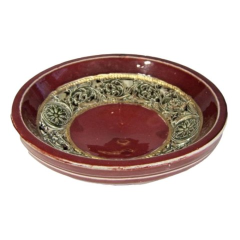 Okrągły Talerz Bordowy z Ażurowym Dekorem Zielonym 30 cm