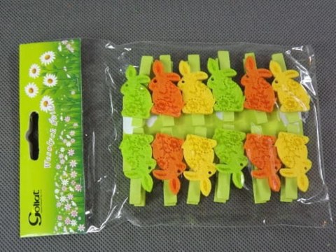 Pomarańczowe Drewniane Klamerki z Filcowymi Figurkami Zajączków - Komplet 12 Sztuk