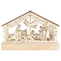 Szopka Bożonarodzeniowa z Drewna z Ciepłym Podświetleniem LED, Kolor Kremowy, Zasilanie Bateryjne.
