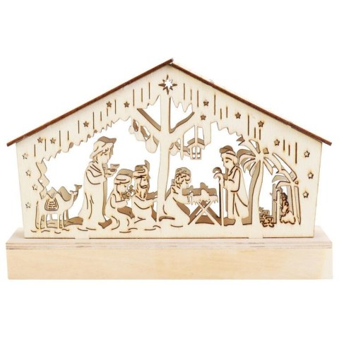 Szopka Bożonarodzeniowa z Drewna z Ciepłym Podświetleniem LED, Kolor Kremowy, Zasilanie Bateryjne.
