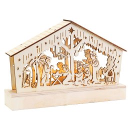 Szopka Bożonarodzeniowa z Drewna z Ciepłym Podświetleniem LED, Kolor Kremowy, Zasilanie Bateryjne.
