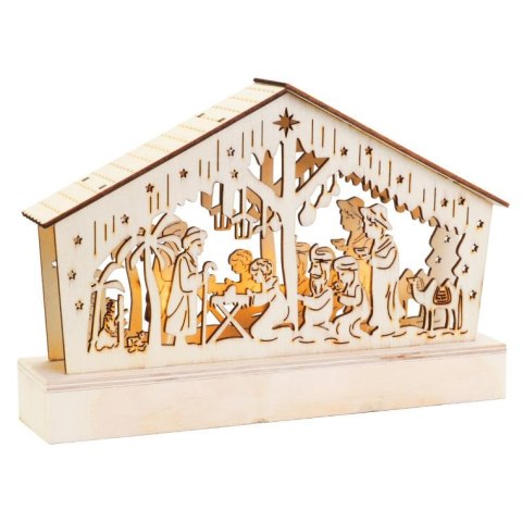 Szopka Bożonarodzeniowa z Drewna z Ciepłym Podświetleniem LED, Kolor Kremowy, Zasilanie Bateryjne.