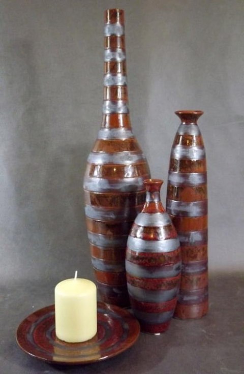 Wazon ceramiczny w kolorze piaskowym ciężki w pasy 38x20 cm