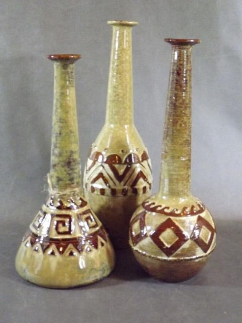 Wazon ceramiczny w kolorze piaskowym z brązowym wzorem 38x14 cm