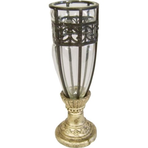 Wazon szklany z czarną metaloplastyką na złotej podstawie 28x8 cm