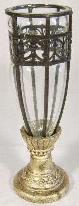 Wazon szklany z czarną metaloplastyką na złotej podstawie 28x8 cm