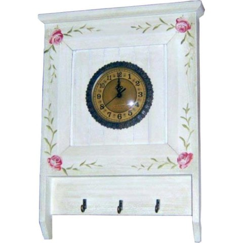 Zegar Wiszący w Stylu Prowansalskim z Wieszakami i Ręcznie Malowanymi Kwiatami, Biały, 49x36x5 cm
