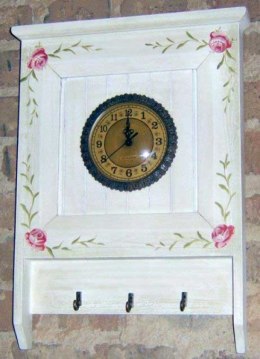 Zegar Wiszący w Stylu Prowansalskim z Wieszakami i Ręcznie Malowanymi Kwiatami, Biały, 49x36x5 cm