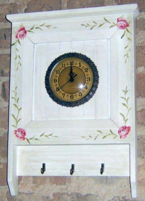 Zegar Wiszący w Stylu Prowansalskim z Wieszakami i Ręcznie Malowanymi Kwiatami, Biały, 49x36x5 cm