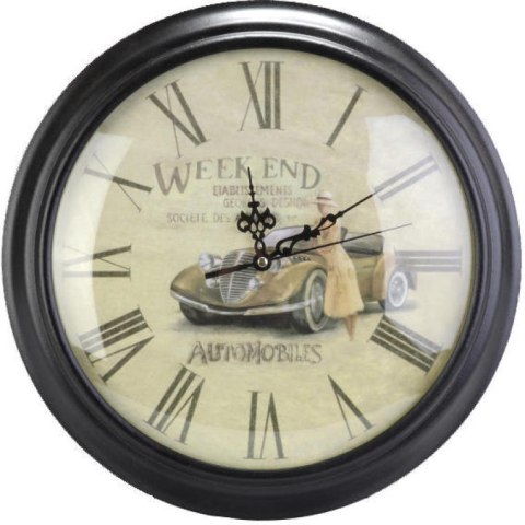 Zegar ścienno-wiszący w czarnej ramie z motywem samochodu, średnica 34 cm