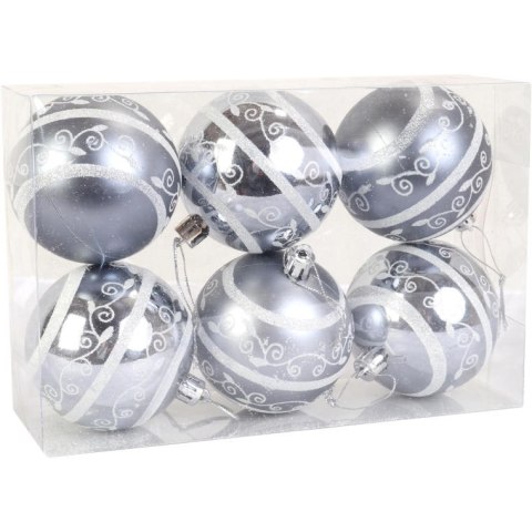 Zestaw 6 Nietłukących Bombek Dekoracyjnych 6cm - Trzy Brokatowe z Połyskiem i Trzy Matowe - Kolor Srebrny