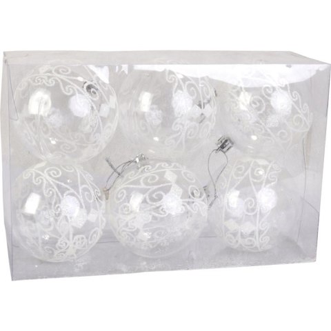Zestaw 6 Nietłukących, Przezroczystych Bombek Dekorowanych Białym Brokatem 5cm