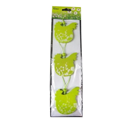 Zestaw Trzech Drewnianych Zawieszek w Kształcie Kurek - Zielone z Białą Dekoracją