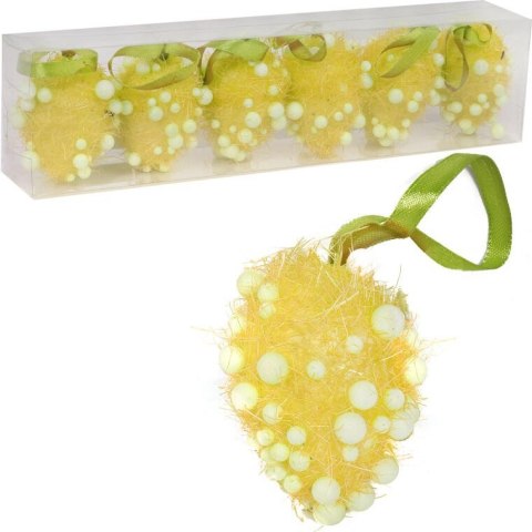 Żółte Dekoracyjne Jajka Wielkanocne ze Sizalem i Białymi Kuleczkami - Komplet 6 Sztuk