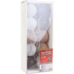 Bawełniane Kule LED 10 sztuk 6cm Brązowo-Białe z Przewodem 165cm, Ciepłe Światło Białe, Zasilane na Baterie 2xAA