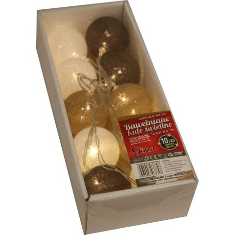 Bawełniane Kule LED 10 sztuk 6cm Brązowo-Białe z Przewodem 165cm, Ciepłe Światło Białe, Zasilane na Baterie 2xAA