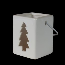 Biały Ceramiczny Lampion na Tealight z Motywem Choinki - 7,2x5,5x5,5 cm