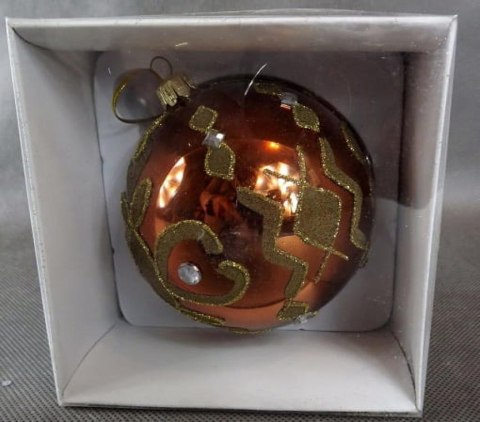 Bombka Szklana 9cm - Rudy Kolor z Brązowo-Złotą Dekoracją i Szkiełkami