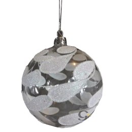 Bombka szklana przezroczysta z białą dekoracją w kształcie liści