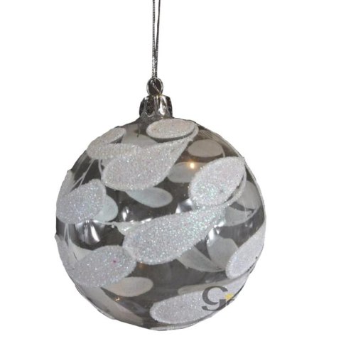 Bombka szklana przezroczysta z białą dekoracją w kształcie liści