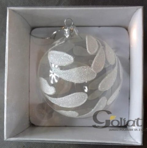 Bombka szklana przezroczysta z białą dekoracją w kształcie liści