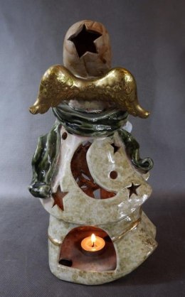 Ceramiczny Anioł z Książką-Lampionem w Kolorze Oliwkowo-Beżowym ze Złoceniami