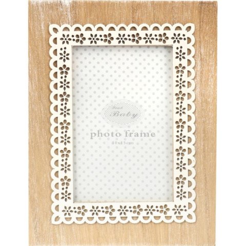 Drewniana Ramka na Zdjęcie z Efektem Postarzania i Koronkową Ozdobą