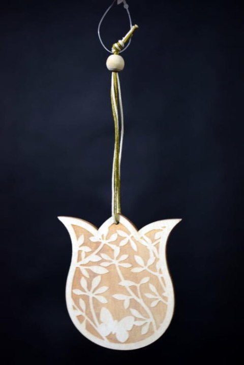 Drewniana Zawieszka Ozdobna Tulipan z Białą Obwódką